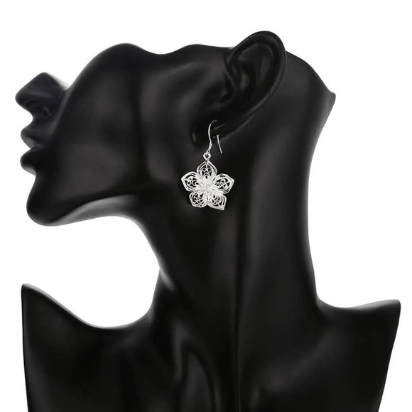 Gorgeous 3D Flower .925 Sterling Silver Hanging Earrings " Hypoallergenic " - Picture 6 of 8